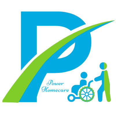 Logo of Power Home Healthcare with a stylized letter 'P' and icons of a person with a wheelchair and another person assisting.