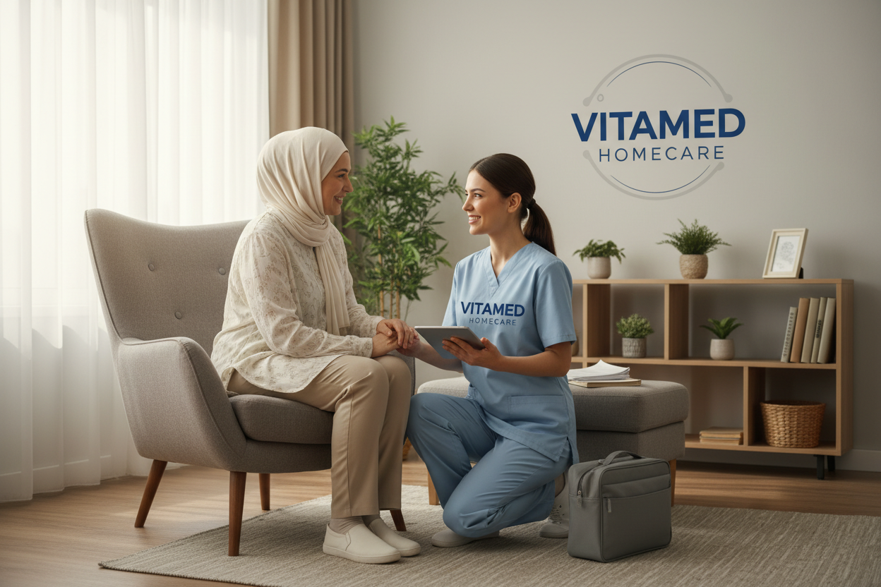 caregiver and hijabi patient at home with text in the image VITAMED HOMECARE